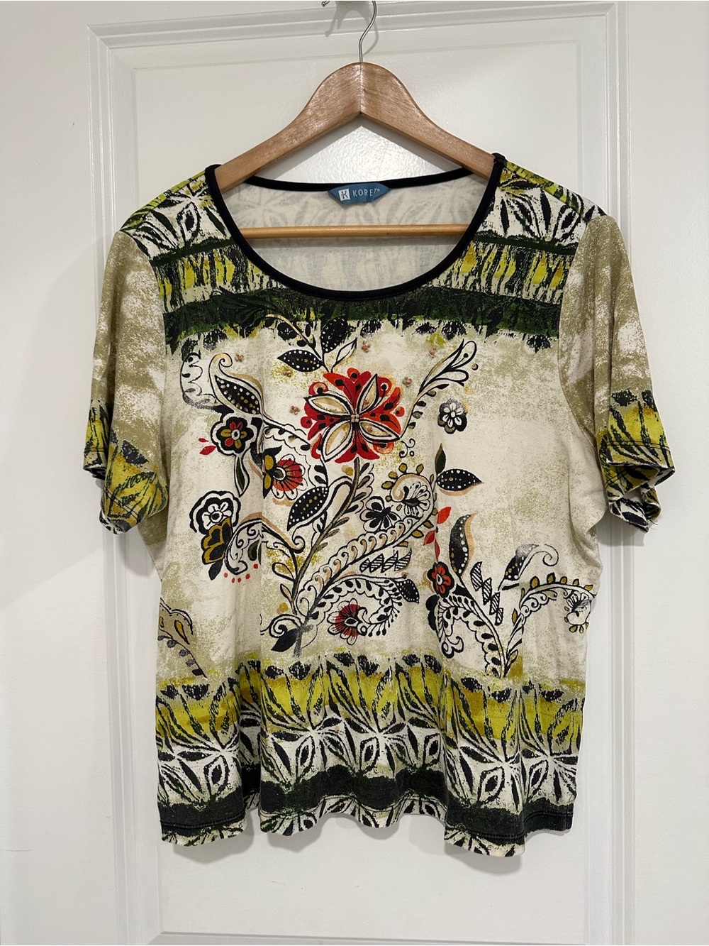 Vintage Koret Olive & Yellow Floral Scoop Neck Short Sleeve Top 100% Cotton